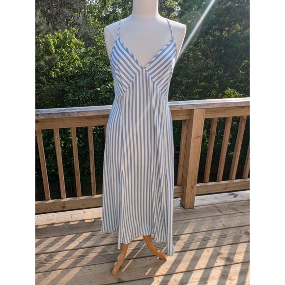 H&M Blue White Striped Slip Dress Spring Summer Satin V-neck Medium Resort - Picture 1 of 8